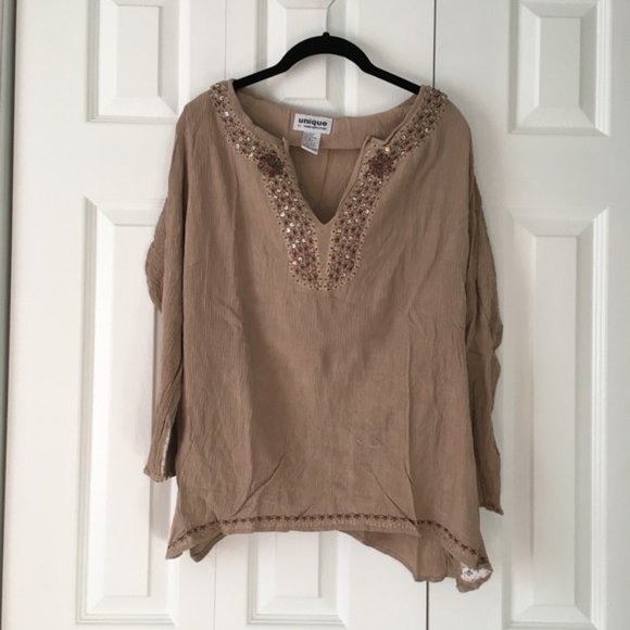 Brown Flowy Blouse w/ Sequin Neckline - Picture 1 of 7